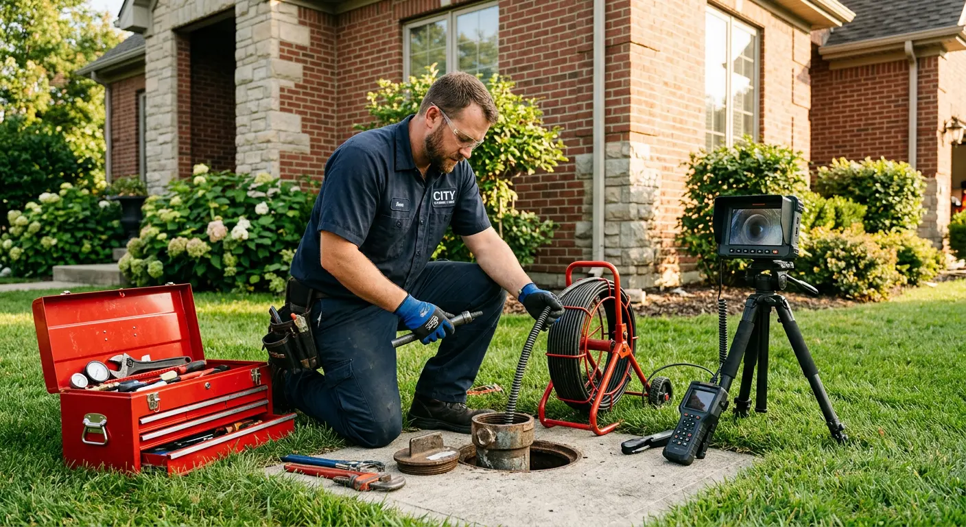Sewer specialist with camera equipment servicing a cleanout in Waynesville