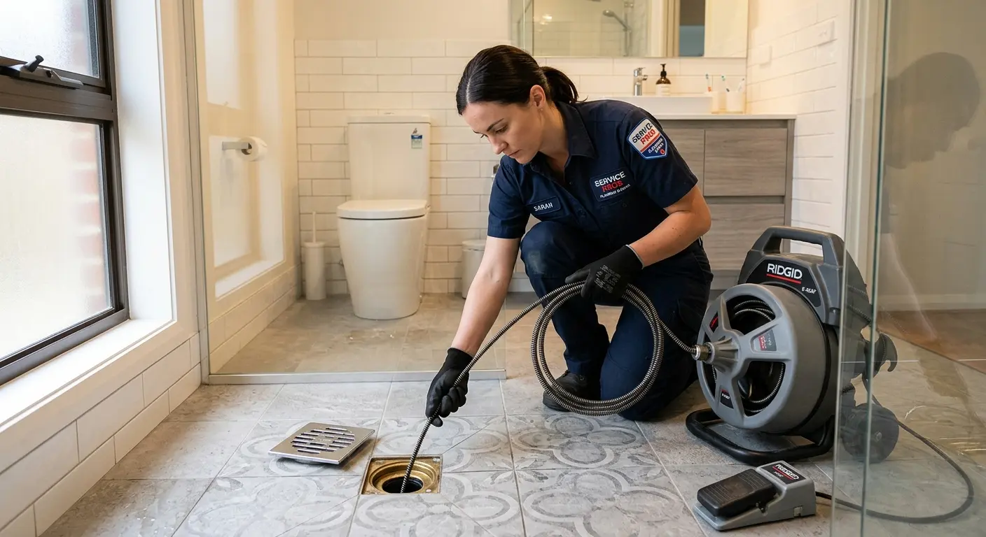 Technician clearing a bathroom floor drain for Sewer Line Installation in Waynesville
